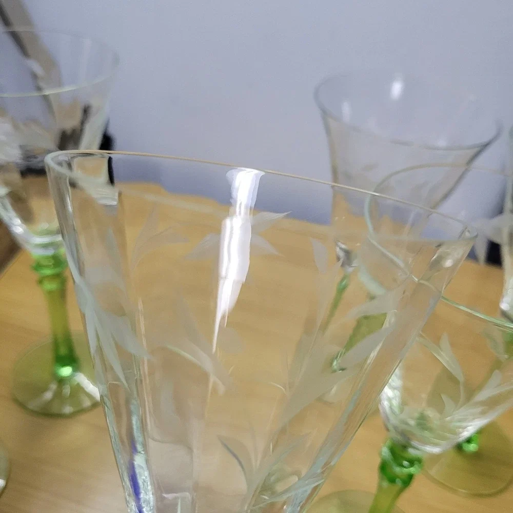 Vintage Uranium Etched Floral Stemware Glass Set of 6 Wine Goblet Optic
